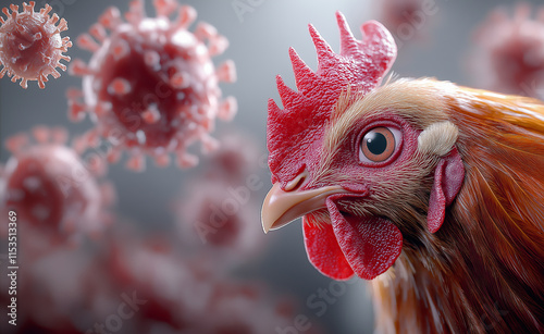 Close-up of a chicken with a virus particle nearby, symbolizing avian diseases or zoonotic transmission concepts.