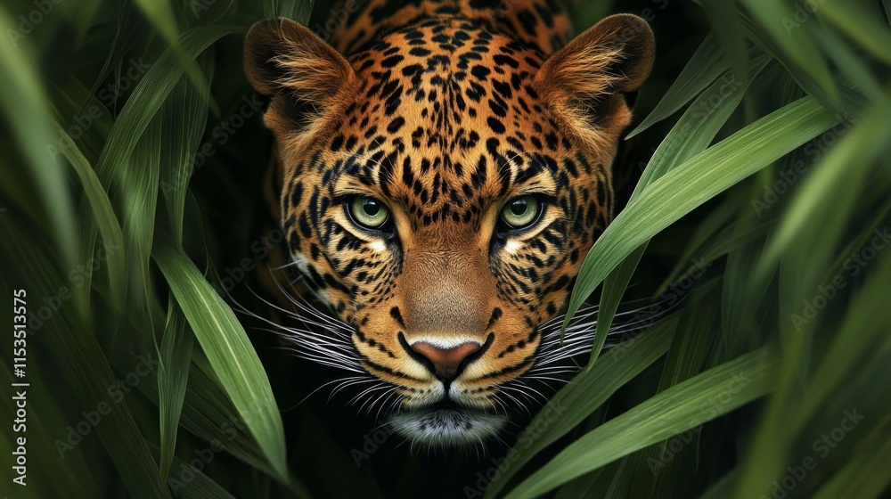 Majestic Leopard Hidden In Lush Green Foliage Majestic Leopard Hidden In Lush Green Foliage