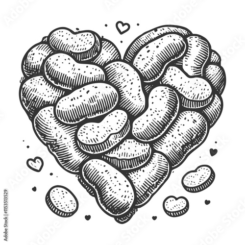 heart-shaped design composed of potatoes, symbolizing love for food, health, and nature sketch engraving generative ai vector illustration. Scratch board imitation. Black and white image.