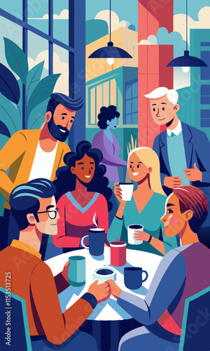 Grupo diverso de profesionales disfrutando del café y la conversación en un moderno café urbano, trabajo en equipo multicultural en una cafetería