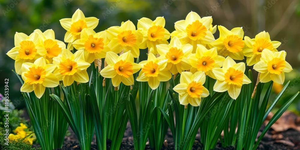 Obraz premium Vibrant yellow narcissus blooms in the garden bring a cheerful touch to spring flowers, showcasing the beauty of yellow narcissus and enhancing the garden s spring ambiance.