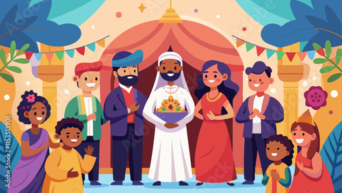 Multicultural wedding celebration with diverse cultural traditions, vibrant decorations, and happy guests enjoying the ceremony.