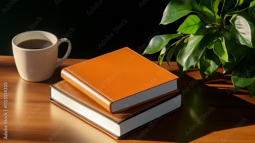 Fototapeta premium Life Coaching Guidebook on a Wooden Desk with Coffee and Plant. Generative AI