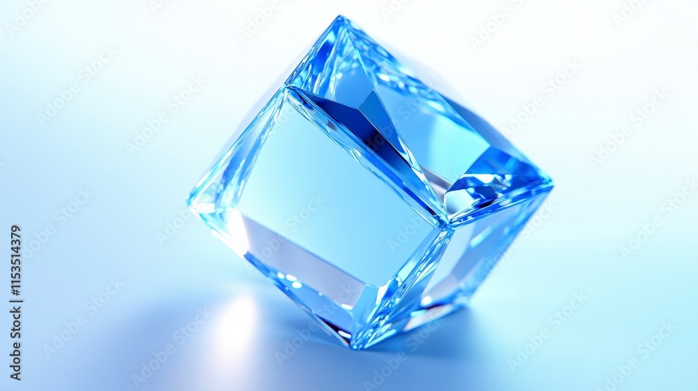 Crystal Blue Cube Reflecting Light on a Smooth Surface Crystal Blue Cube Reflecting Light on a Smooth Surface
