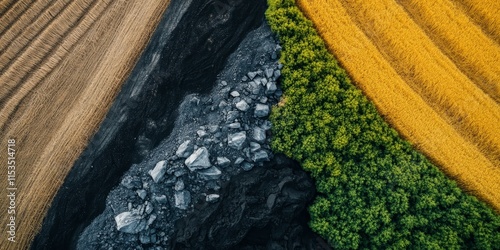 Anthropogenic terrain is illustrated by the edge of a wheat field juxtaposed against a cascade of waste piles created by coal mining. Captured from a drone, this anthropogenic terrain reveals stark