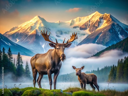 Majestic Moose & Calf in Misty Mountain Valley, Snow-Capped Peaks photo