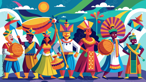 Cultural festival parade featuring diverse participants in traditional costumes and musical instruments.