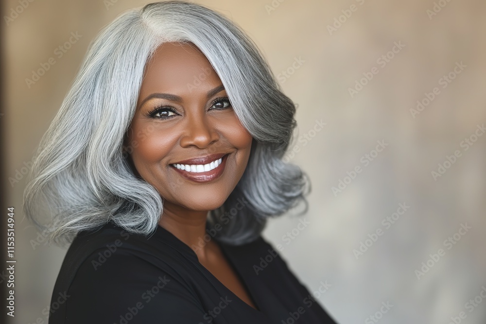 Fototapeta premium portrait of mature black woman with silver hair and radiant smile against blurred neutral background