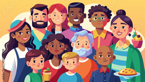 Large multicultural family reunion, joyful family members gathering for reunion event, sharing food, playing games, and taking group photos