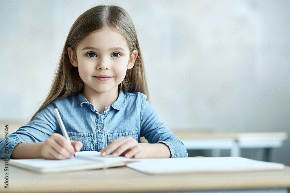 portrait of young girl sitting at desk writing on notebook in classroom portrait of young girl sitting at desk writing on notebook in classroom