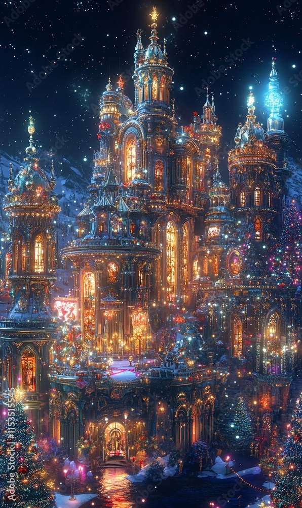 Obraz premium Magical Christmas castle at night, snow falling.