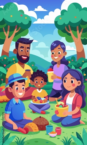 Diverse family enjoying picnic in park with food, games, and outdoor activitie photo