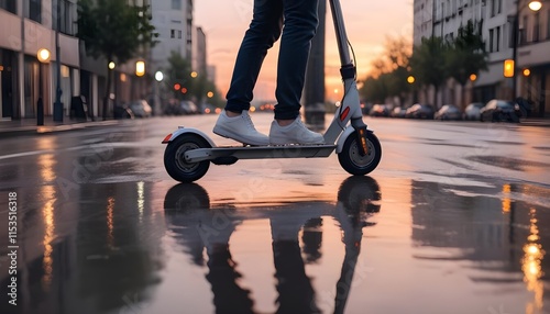 A person riding an electric scooter on a wet city street at sunset, with the scooter's wheels reflected in the puddles on the ground