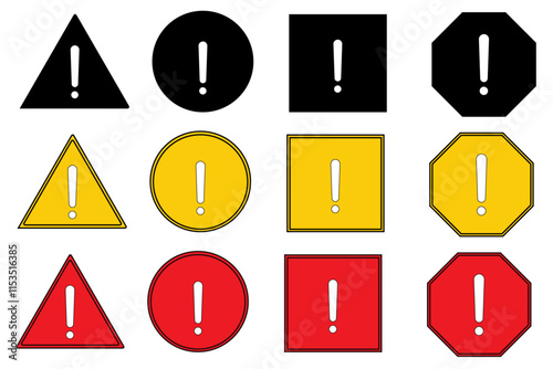 Hazard symbol in yellow color with white exclamatory symbol in different shapes. Caution symbols set with exclamation mark in various shapes. Danger warning icon set