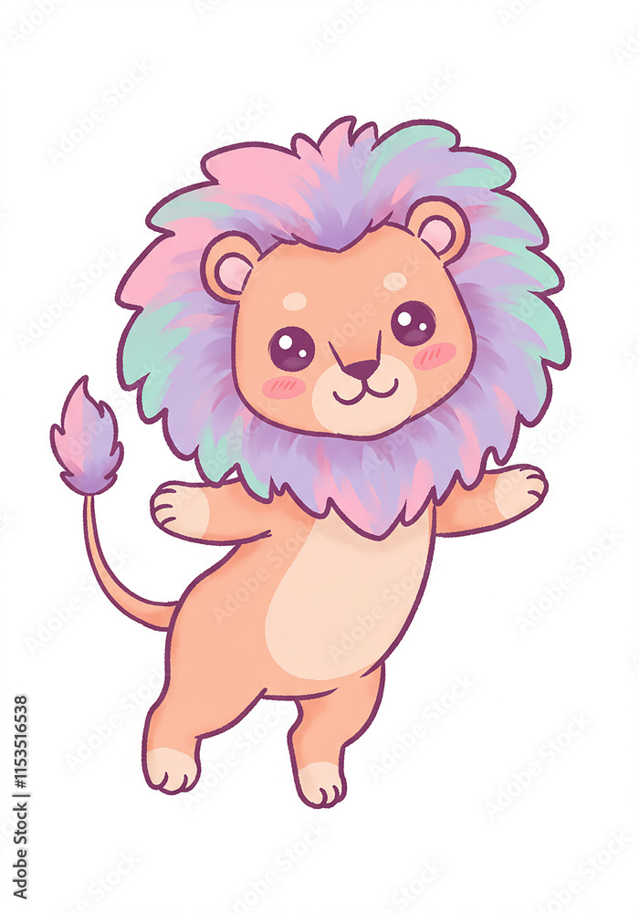 Obraz premium Adorable Pastel Lion Cub Cartoon Animal Illustration Cute Baby Wildlife