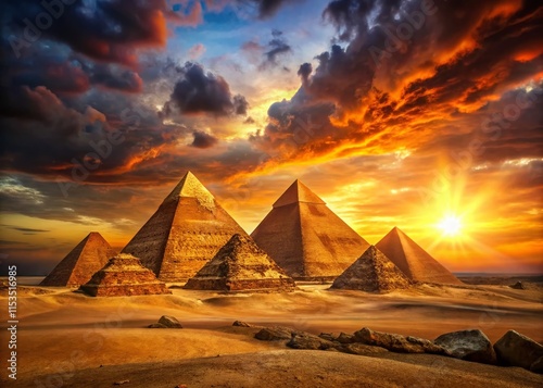 Majestic Pyramids at Sunset: Ancient Egypt Stock Photo