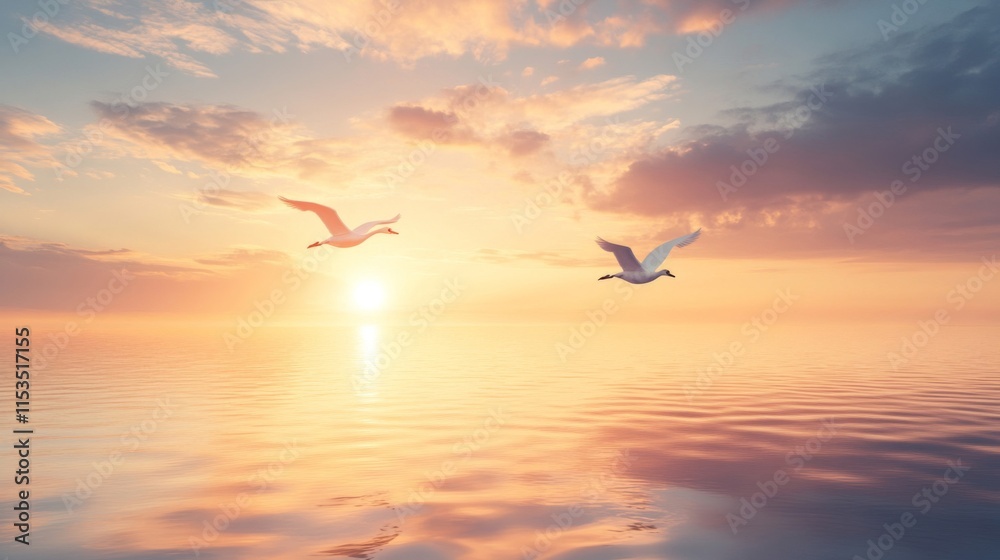 Obraz premium Two Swans Soaring Over Calm Sunset Sea