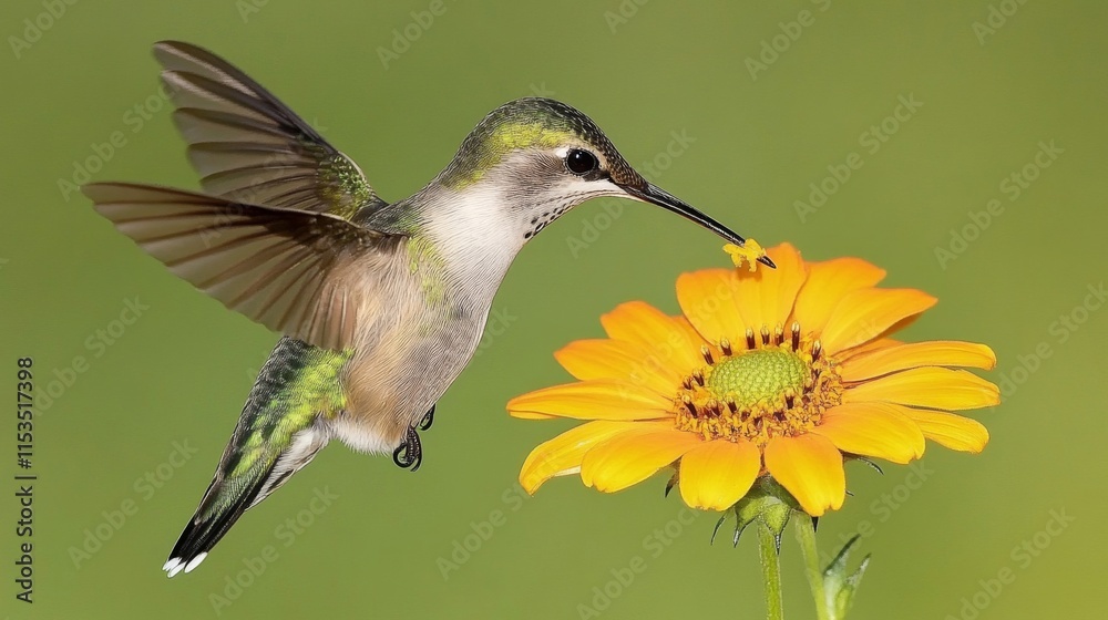 Hummingbird feeding on a bright yellow flower Hummingbird feeding on a bright yellow flower