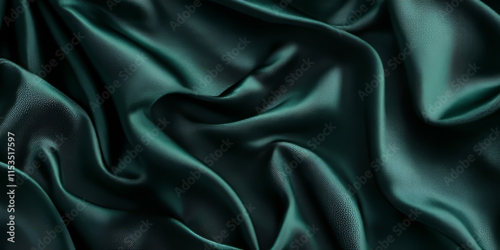 Fototapeta premium Delicate texture of a chocolate silk fabric showcases a deep emerald hue. This background features a subtle pattern that combines intricate lines, shades, and colors, creating a harmonious design.