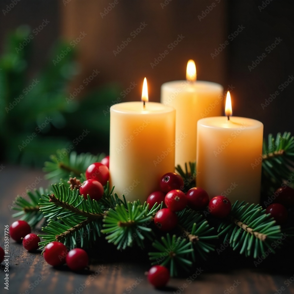 Three candles casting a warm glow on a pile of pine needles and red berries, natural, warm Three candles casting a warm glow on a pile of pine needles and red berries, natural, warm