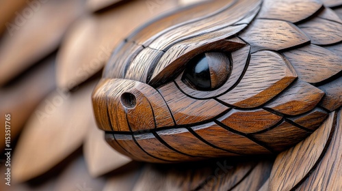 Wooden sculpture of a dragon with detailed scales and claws photo