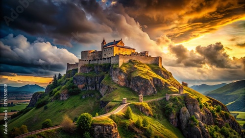 Majestic Stone Fortress on Hilltop with Dramatic Sky - Ample Copy Space photo