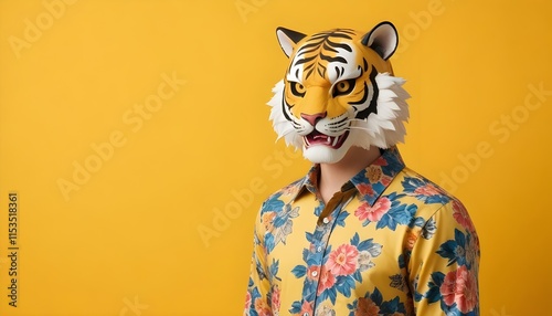 a tiger mask with a floral patterned shirt against a yellow background photo