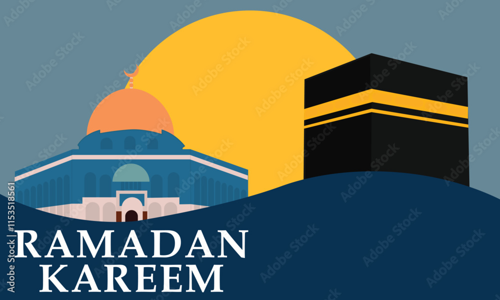 Ramadan Kareem, featuring geometric representations of mosques, crescent moons, stars, lanterns, and traditional Islamic architecture in a modern, al aqsa and ka'bah background. Ramadan Kareem, featuring geometric representations of mosques, crescent moons, stars, lanterns, and traditional Islamic architecture in a modern, al aqsa and ka'bah background.