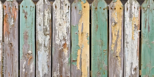 A weathered old fence featuring peeling paint, showcasing the character and charm of rustic beauty this old fence with peeling paint tells a story of time and nature s effects on wood. photo