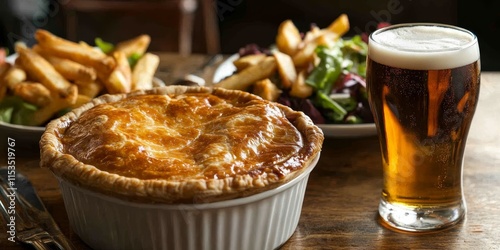 Pub inspired dish featuring a pie and chips served alongside a refreshing salad and a pint of beer, perfect for enjoying a hearty meal in a cozy pub atmosphere. photo