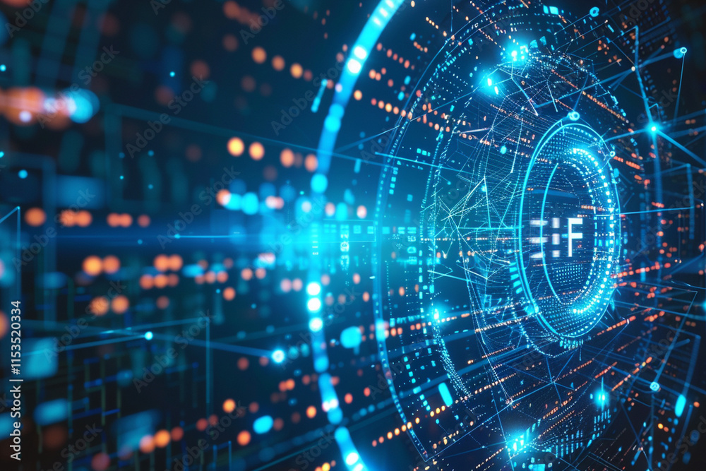 Obraz premium Futuristic glowing blue Wi-Fi symbol with digital pixel design surrounded by data streams, representing modern connectivity and technology.