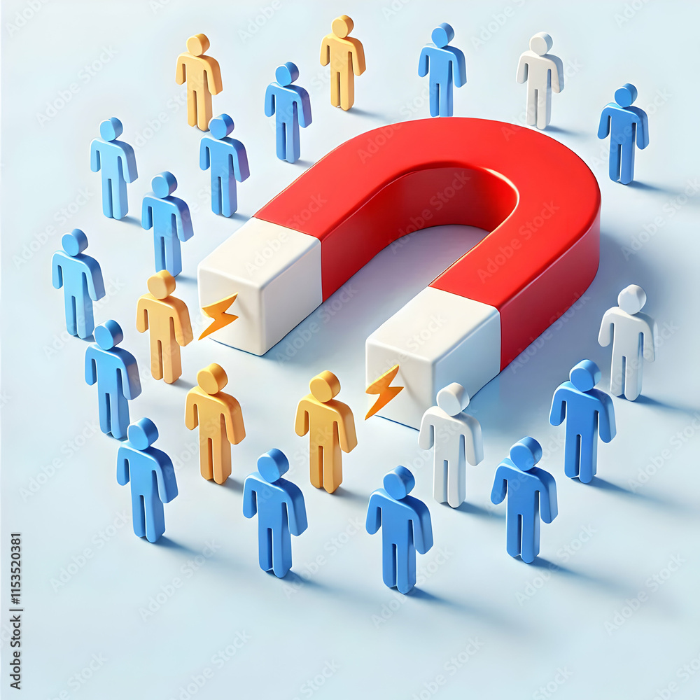 3D Vector Magnet Icon Attracting Customers - Minimalistic Lead Generation Concept on White Background 3D Vector Magnet Icon Attracting Customers - Minimalistic Lead Generation Concept on White Background