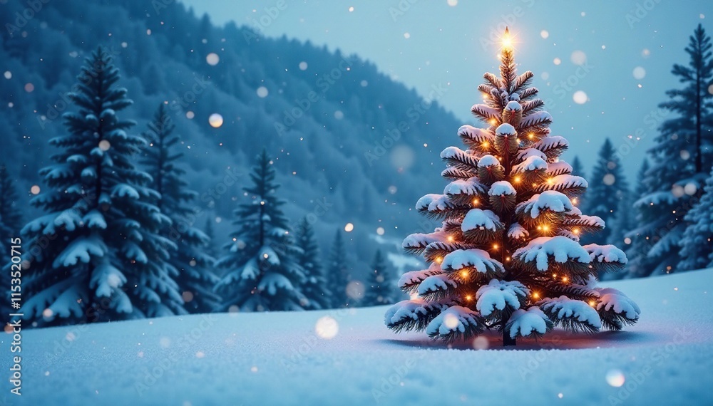 Obraz premium Snow falls gently around a towering white Christmas tree in a winter wonderland scene, serene, peaceful