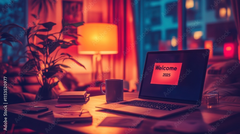 Naklejka premium Cozy Home Office Setup with Warm Lighting