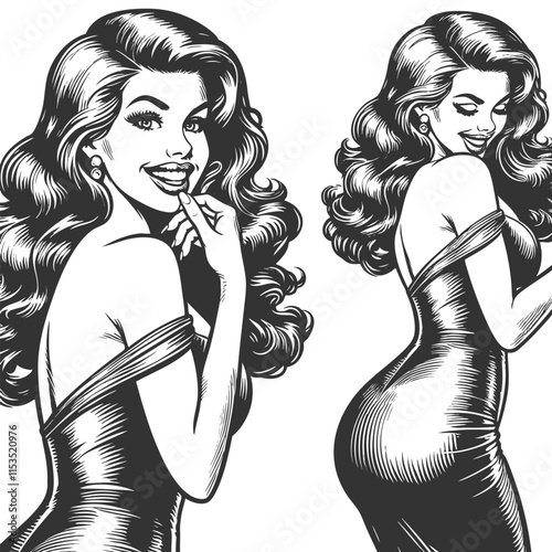 Playful smiling beautiful young woman flirty biting her finger sketch engraving generative ai fictional character vector illustration. Scratch board imitation. Black and white image.