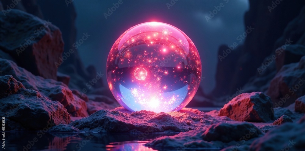 Giant crystal sphere glows softly in the darkness, tranquil, dimly lit Giant crystal sphere glows softly in the darkness, tranquil, dimly lit