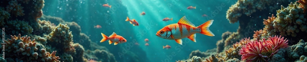 Naklejka premium Regenbogenfische schwimmen durch die Koralle mit bunten Fischen als Hintergrund, meeresleben, bunte fische