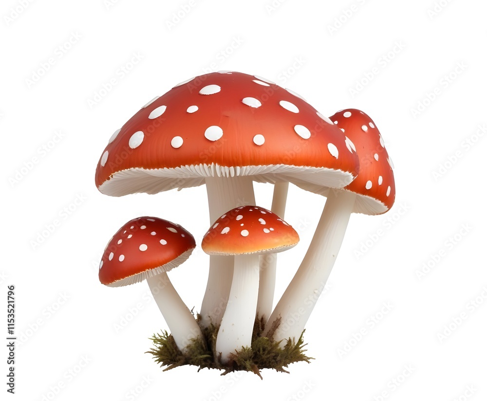 A group of red and white mushrooms with spotted caps, growing on the forest floor A group of red and white mushrooms with spotted caps, growing on the forest floor