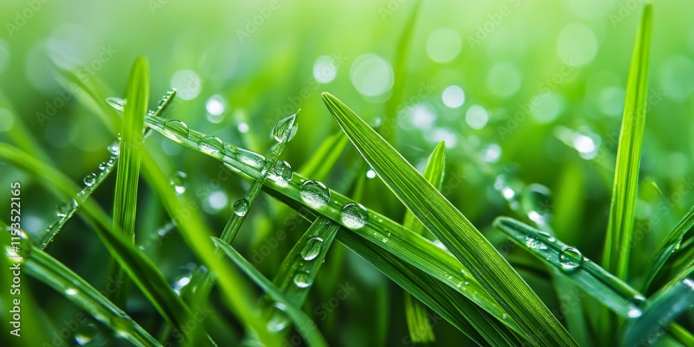 Fototapeta premium Close up of dew drops on vibrant green grass, showcasing the beauty of nature. Each dew drop on the green grass adds a refreshing touch to the serene landscape.