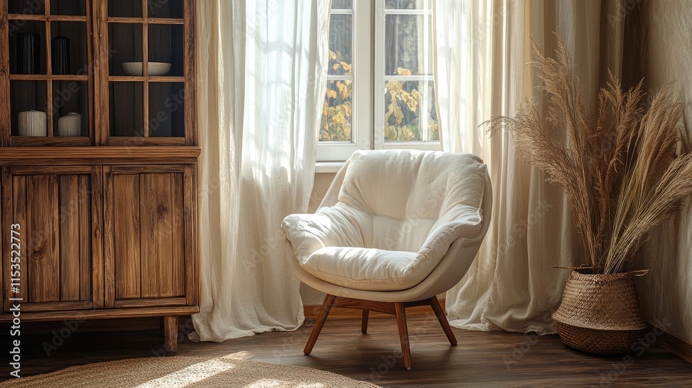 Stylish armchair near a wooden cabinet and window with flowing curtains for a calm and natural atmosphere