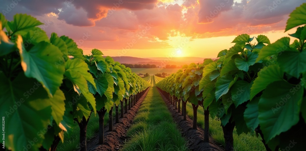 Naklejka premium Lush vines stretching towards the sky at sunset, greenery, nature