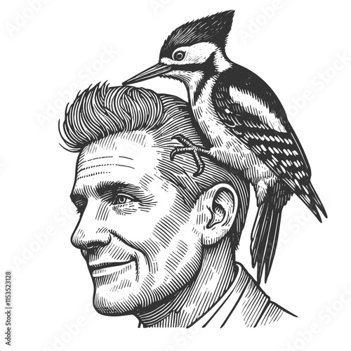  man with a woodpecker perched on his head, quirky and humorous connection between nature and humans sketch engraving generative ai vector illustration. Scratch board imitation. Black and white image.