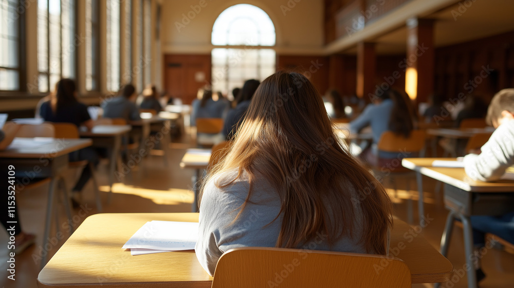Rear view of a young man sitting in a classroom, focusing on a lecture surrounded by other students. Rear view of a young man sitting in a classroom, focusing on a lecture surrounded by other students.
