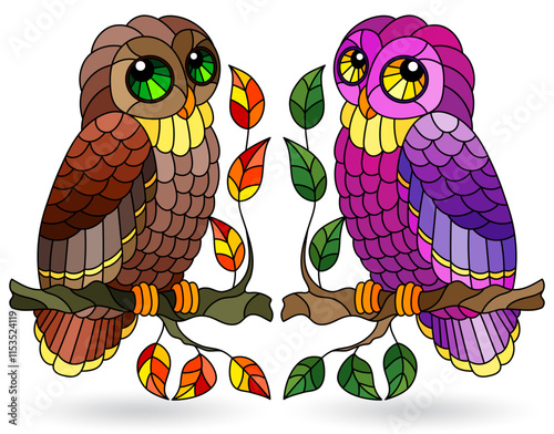 Set of stained glass elements with owls, bright birds isolated on white background