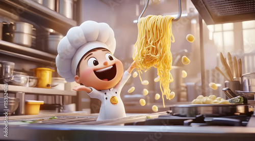 A cheerful cartoon chef joyfully holds up a serving of pasta in a vibrant kitchen filled with cooking tools and ingredients.