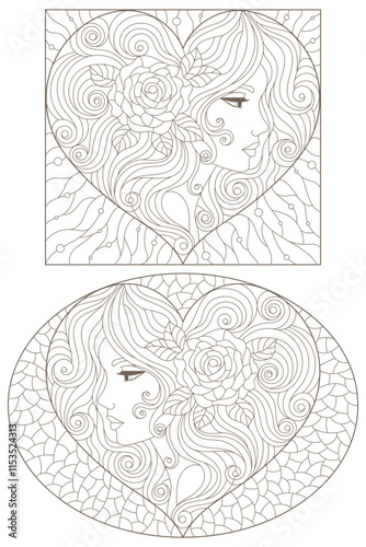 A set of stained glass illustrations with portraits of girls, dark outlines on a white background