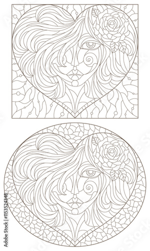 A set of stained glass illustrations with portraits of girls, dark outlines on a white background