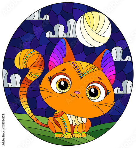 Illustration in stained glass style with a cute cartoon red kitten on the background of the cloudy sky with moon and meadow