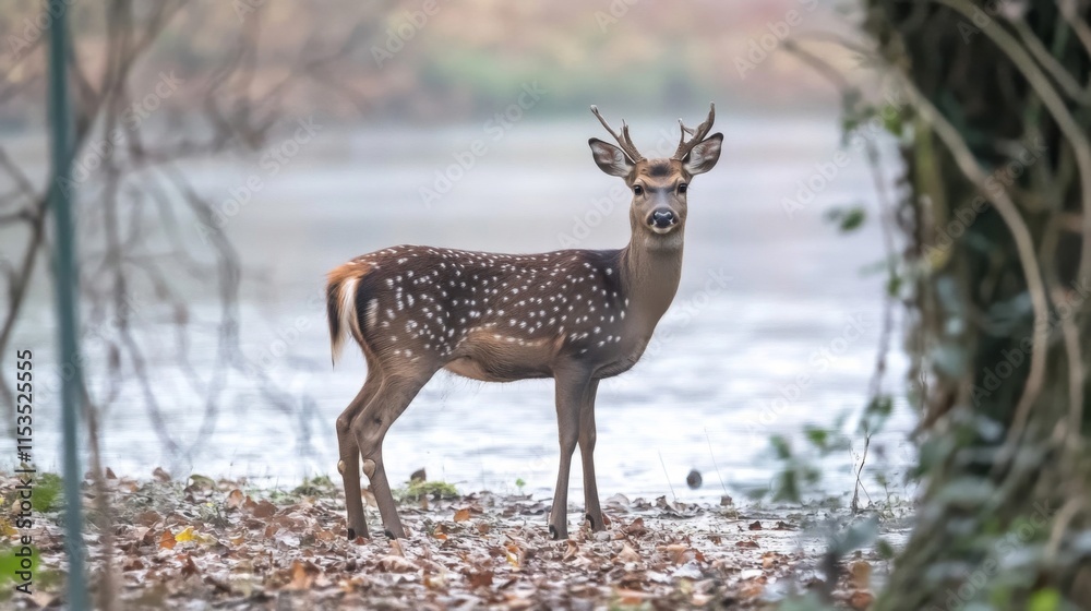 A Spotted Deer Stands Near a Tranquil Lake A Spotted Deer Stands Near a Tranquil Lake