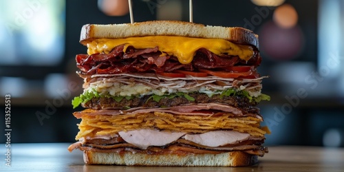 Delicious Dagwood tower sandwich stacked high with a variety of sauces, featuring layers of fresh ingredients that enhance the flavor of the Dagwood tower sandwich for ultimate satisfaction. photo